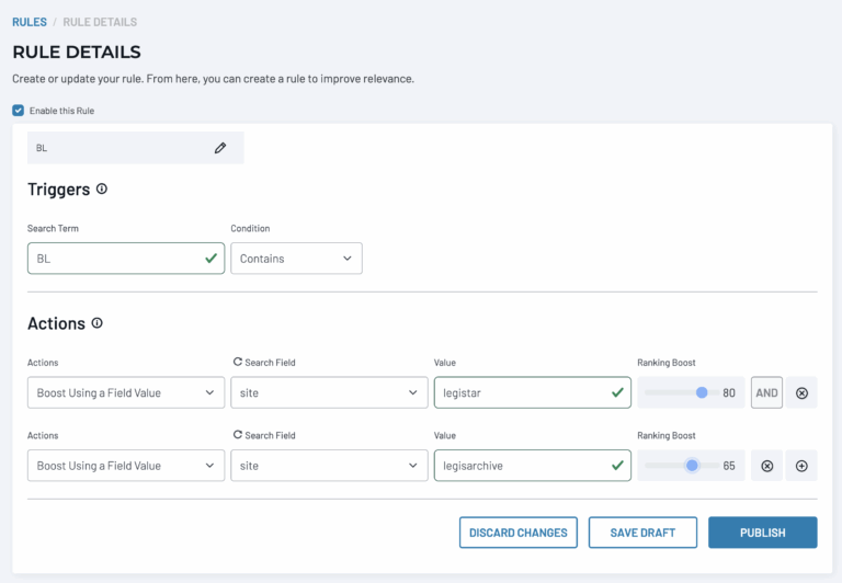A rule boosting two field values within SearchStax Site Search
