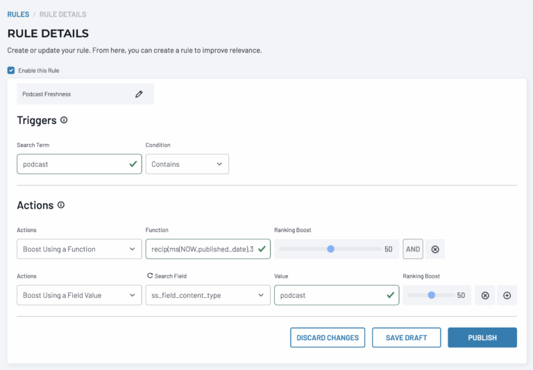 A rule boosting both a function and a field value within SearchStax Site Search ​
